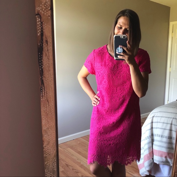 CeCe Dresses & Skirts - CeCe Bright Pink Lace Overlay Shift Dress